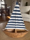 Handcrafted Wooden Sailboat  Striped Cloth Sail  Rustic  Nautical Decor Coastal