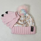 Justice Girls Pink Faux Fur Pom Pom Sherpa Beanie Hat gloves Set New
