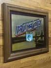 Vtg Busch Beer Official Bassmaster Bass Fishing Bar Sign Mirror Solid Wood Frame