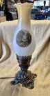 Antique Ornate Electric Brass Hurricane Lamp   country Scene Milk Glass Globe Rare