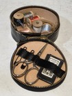 Vintage Mini 3  Leather Round Travel Sewing Kit Floral Needlepoint Top