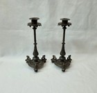 Pair Of Antique European Bronze Patinated Candlesticks With Far Eastern Design 