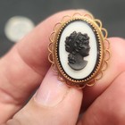 Gold Tone Oval Cameo Stud Earrings Black   White Bezel Setting  Butterfly