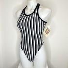 Vintage Marika 80   s Thong Workout Leotard Black Striped Zip Up Womens Large