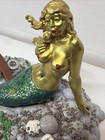 Metal Mermaid Figure Gold Green With Base And Anchor 4  Long Detailed Heavy