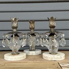 Vtg Antique Set Of 3 Marble Brass Glass Candle Holders W hanging Crystal Prisms
