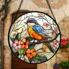 Dastoll Stained Glass Window Hanging  Blue Bird Pink Flower Suncatcher Diamon   