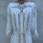 Antique Edwardian White Linen Tea Dress Hand Embroidered Lace Bridal Vintage