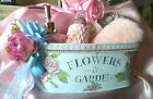 Shabby Chic Victorian Flowers garden Storage Tin blue lg Roses rhinestones ooak