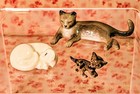 Vintage Hagen Renaker Miniature Cat Trio sleeping White lying Gray alley Kitten