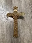 Vintage Ornate Filigree Brass   Gilded Metal Wall Crucifix Inri Jesus On Cross 