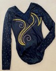 Gk Elite Gymnastics Leotard Competition Deep Blue Yellow Rhinestone Bling Sz  Am