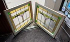 Pair Antique Arts   Crafts Prairie Style Stained Leaded Glass Windows 28  X 25 