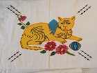 Vintage Mid-century Needlepoint Cat   Flowers Pillowcases Handmade Pair Folk Art