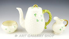 Belleek Ireland Shamrock Basketweave Coffee Pot Open Sugar Bowl   Creamer Set