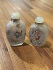 Snuff Bottles Set Of 2 Chinese Inside Reverse Hand Painted Glass Jade Top Vtg