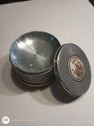 Musical  Trinket Box Metal Vintage Victorian Footed Vanity Powder Puff Holder  