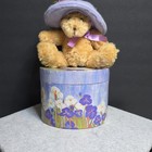 Avon Stuff Teddy Bear In Hat Box Wearing A Lavender Hat With Roses