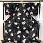 Summer Kimono Yukata Peony Flower Pattern Butterflies Black K-5134