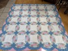 Vtg Double Wedding Ring Quilt Hand Quilted Patchwork Scalloped 77x79    Farmhouse