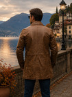 Men s Tan Distressed Leather Trench Coat Front Button Mid-length Vintage Style