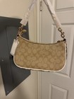Coach Signature Logo Small Shoulder Bag Beige white Trim Gold Hardware Zip