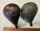 2 Antique Vintage Wooden Spinning Tops Plum Brown   Green Colors