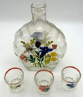 Vintage Hand Painted Floral Glass Decanter   3 Shot Glass Set Red Rim Barware