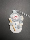 White   Blue Resin Winter Snowman Figure W  Broom Christmas Tree Ornament 3 25 