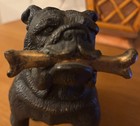 Vintage Cast Iron Black Bull Dog Sitting With Bone Door Stop 7 5 