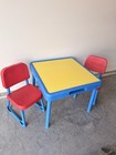 Vintage 1990   s Fisher Price Kids Play Craft Table Yellow blue   2 Red Chairs
