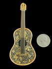 Vintage Gorgeous Damascene Gold Plated Miniature Guitar Wood 11 Cm X 4 Cm Mini