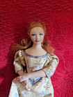 6  Miniature Dollhouse Porcelain   Cloth Red Hair Lady Doll In Yellow
