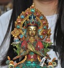 Tibet Buddhism Bronze Inlay Gem Turquoise Tara  Kwan Yin Goddess Buddha Statue