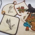 Vtg Hot Pot Holders  Mushroom Kitchen Towel   Staff Of Life  Veggies 4 Pieces