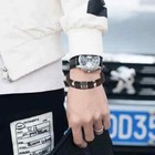 Fashion Vintage Brown Pu Leather Mens Bracelet Multilayer Stainless Steel Bangle