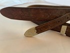 Vtg 80s Brown Leather Tooled Ranger Belt W  3 Piece Silver Tone Buckle Set Sz 30