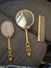 Vintage Matson 24k Gold Plated 3pc Vanity Set Hand Mirror Brush Comb  