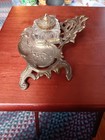 Unique Antique Ornate Brass Inkwell W Crystal Ink Bottle And Brass Lid Nice 1439