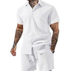 Men s 2 Piece Summer Outfit Textured Short Sleeve Shirt   Drawstring Shorts Set