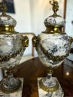 Antique Pair Of French Marble Bronze Ram Head Cassolettes Urns Neoclassical