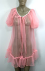Vintage 1960s Neon Pink Chiffon Babydoll Nightie Robe Sheer Nylon Lingerie Usa M