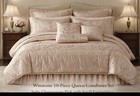 Winstone 10 Piece Luxury Comforter Queen Bed Set Satin Champagne  Peach Scroll
