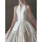 White Satin V-neck Halter Wedding Dress Ruffles Lace Train Bridal Gown Dresses