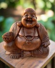 Joyful Buddha Statue Mahogany Wood Hand Carved 16 x 16 x 9 