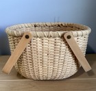 Nantucket Style Lightship Basket Double Swing Handle Wood Base Vintage 10 X 6