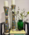 Pillar Candle Holder Vintage Home Decor Green Blue Red Cloisonne Enamel Set 2 20