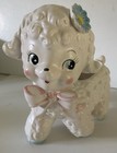 Vintage Napco Nursery Baby Lamb Planter Ceramic Blue Flower Toes Pink Bow C-7057