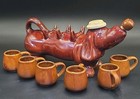 Vtg Brown Ceramic Dachshund Whiskey Bottle Decanter Set 6 Shot Glasses Guc 