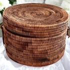 Vtg Hand Woven Rattan Wicker Lidded Basket 7  X 10  Boho Brown  read Desc 